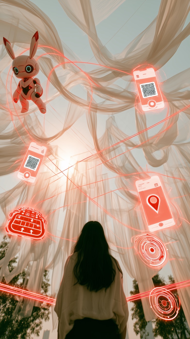 Looking up through a fabric canopy filled with floating holographic icons