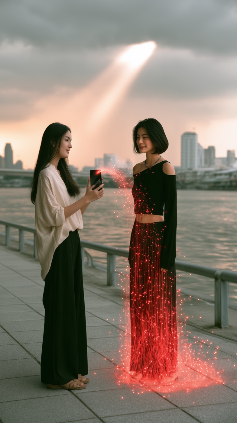 K.A.R.A as a figure of red light beside a woman by the river