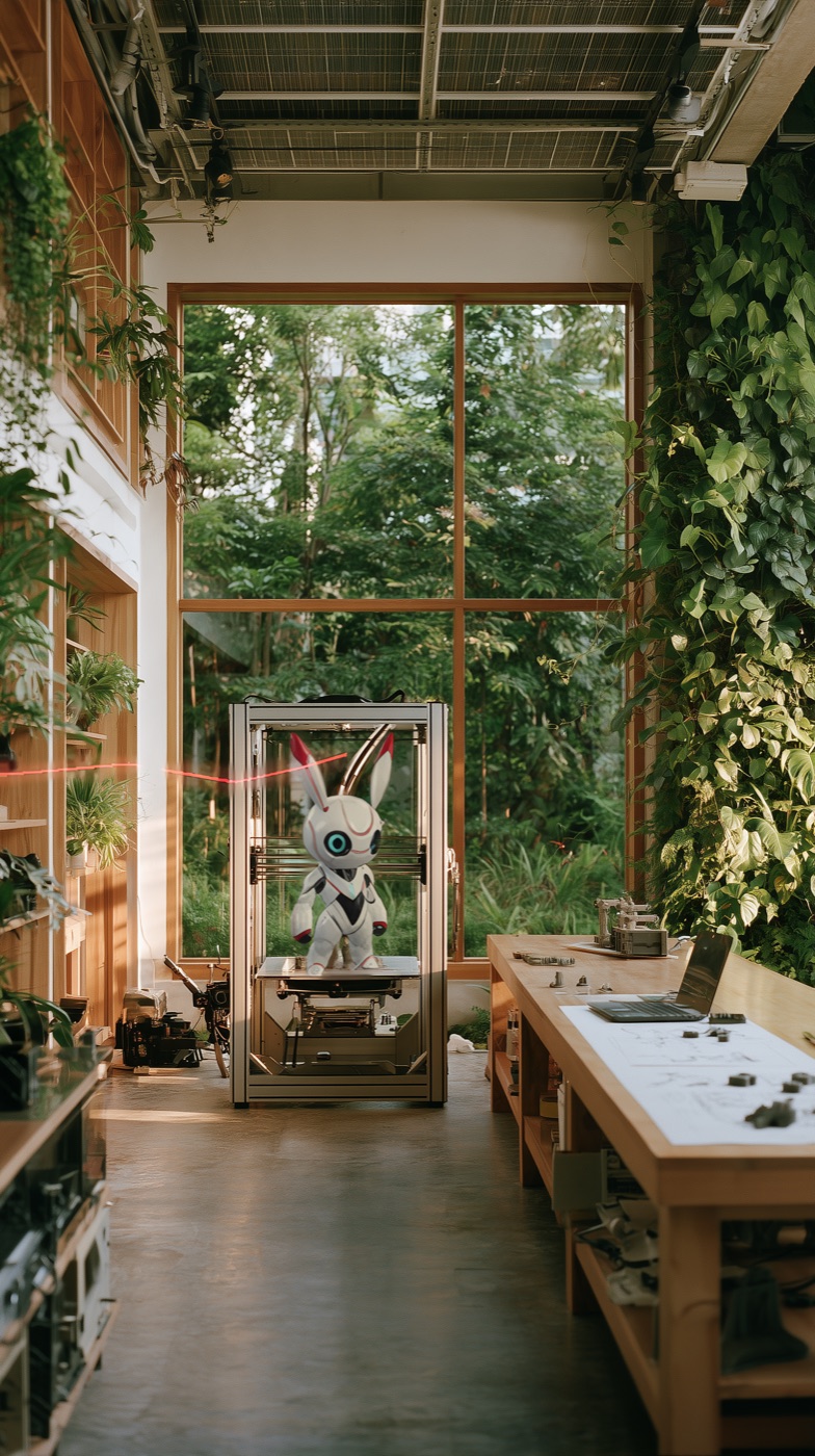 A small studio lab, a robot rabbit taking shape inside a 3D printer
