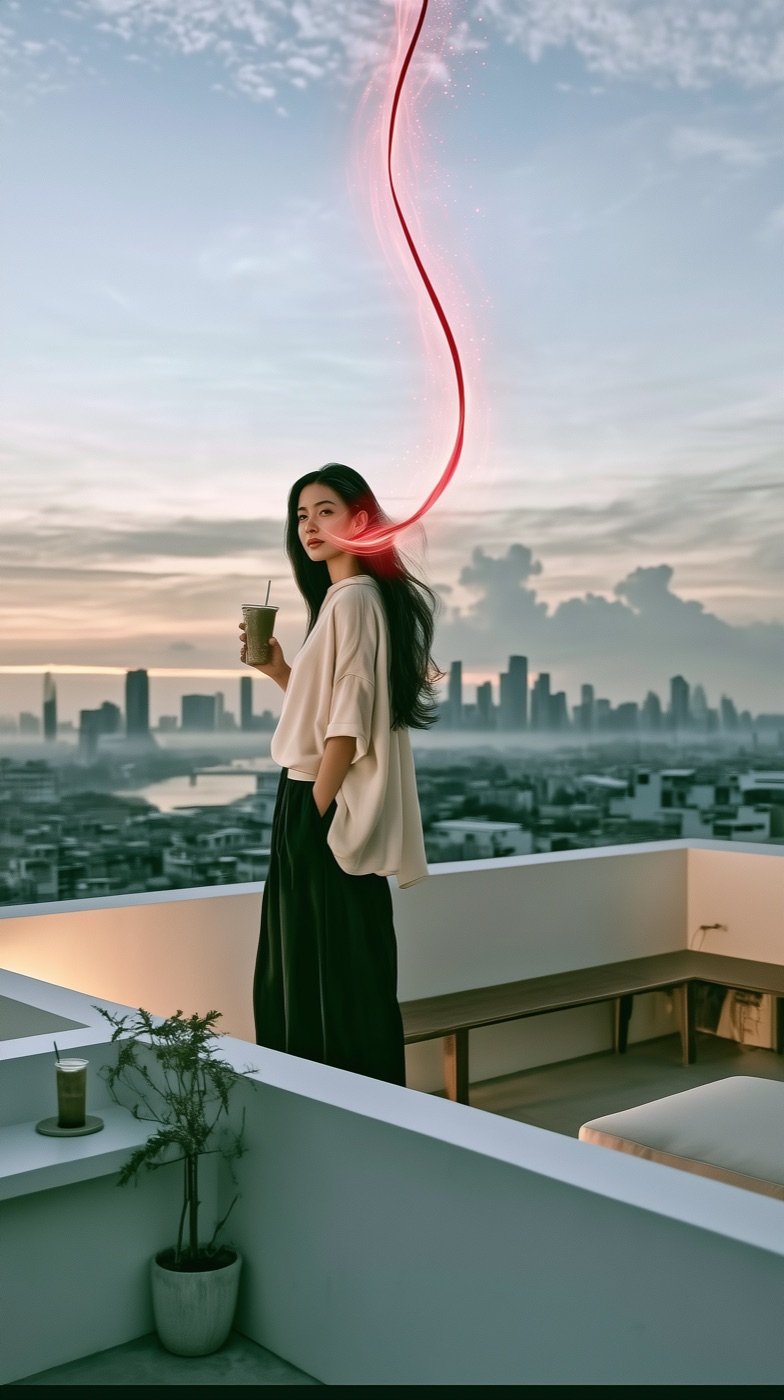A woman on a Bangkok rooftop at dusk, a red thread rising from her hand