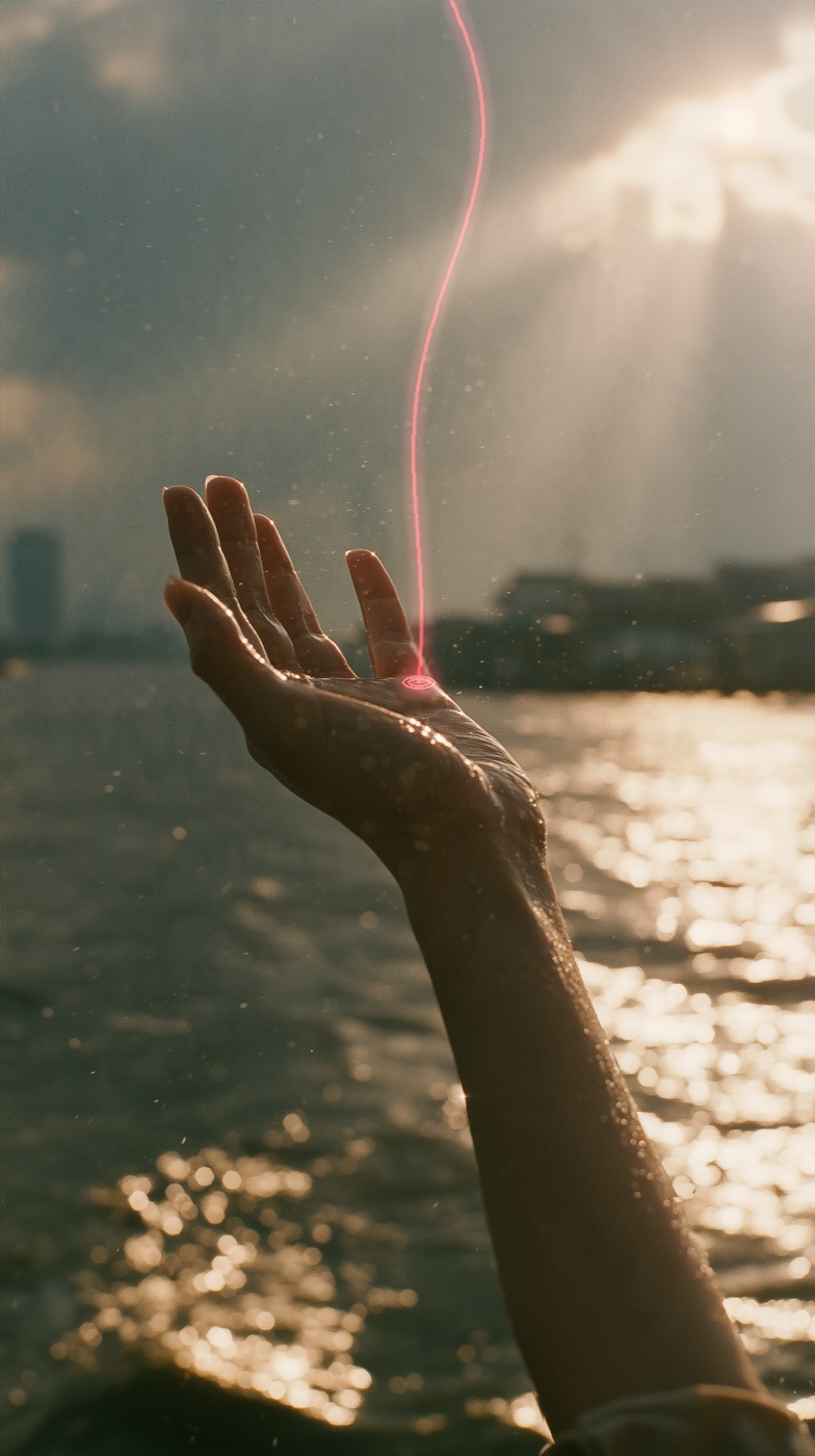 A hand reaching over the river, a red thread resting in the palm